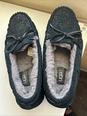 UGG Black Sparkle Suede Moccasin Slippers with Gray Shearling